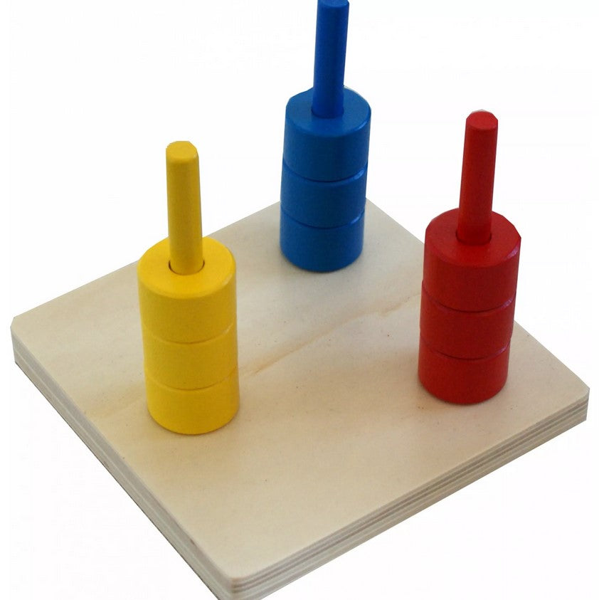 Монтесори Дървена игра за нанизване - 3 вертикални колчета с дискове