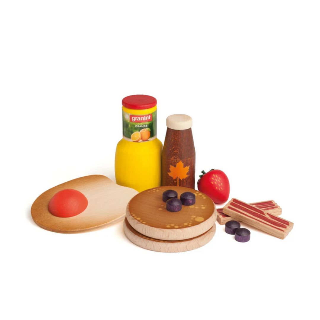 дървен комплект за игра с хранителни продукти за американска закуска
