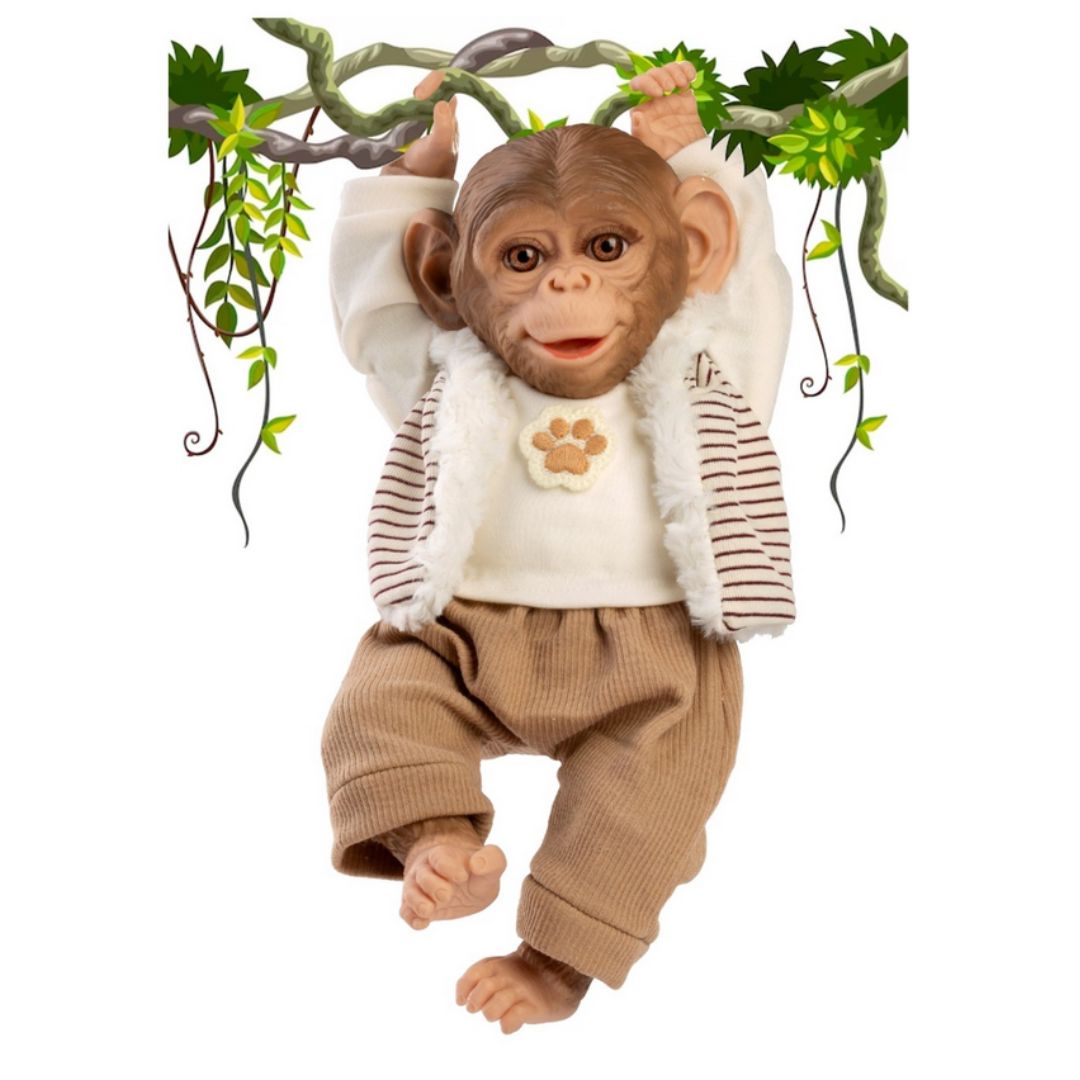 Zoo Reborn, маймунка бебе, раирана жилетка и бежов панталон, 32см