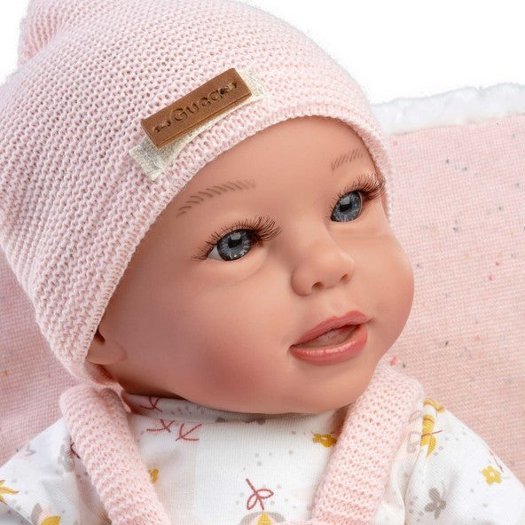 Класическа кукла Sandra, розова вълнена дрешка, тениска, чорапи и одеяло, 38см