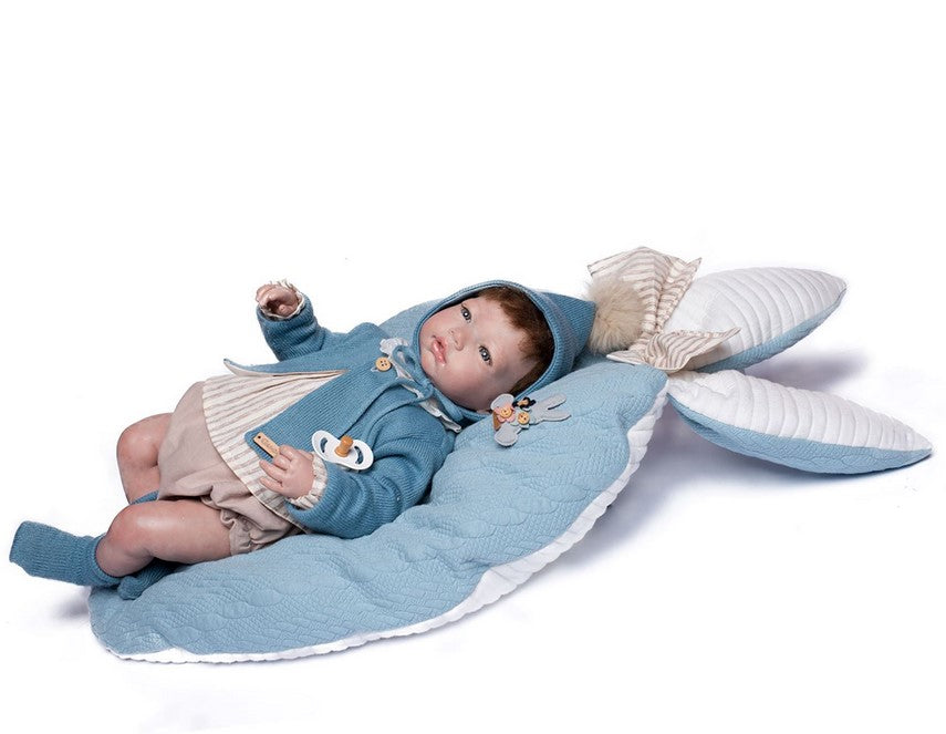 Голяма Кукла Reborn Enzo, със специална кестенява коса, шапка, чорапки и одеяло, 46 см