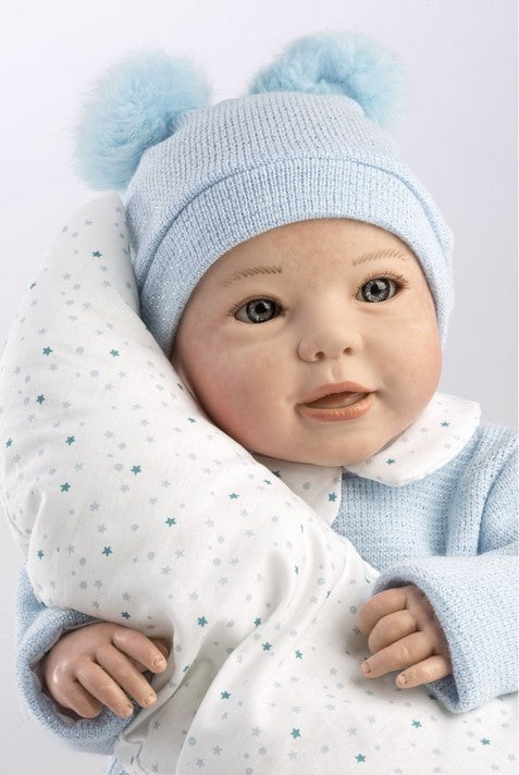 Голяма Кукла Reborn Kike, с лъскав пуловер и бикини и сини вълнени чорапки, 46 см