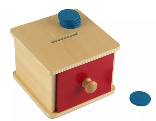 Образователна играчка Монтесори Дървена кутия с чекмедже и жетони