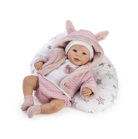 Голяма Кукла Reborn Yaiza, Ръчно рисувана, с розовo-бял комплект, шапка и аксесоари, 46 см