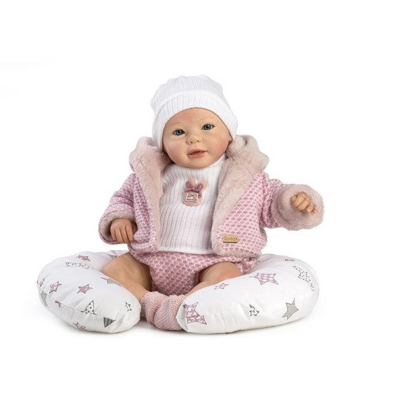 Голяма Кукла Reborn Yaiza, Ръчно рисувана, с розовo-бял комплект, шапка и аксесоари, 46 см
