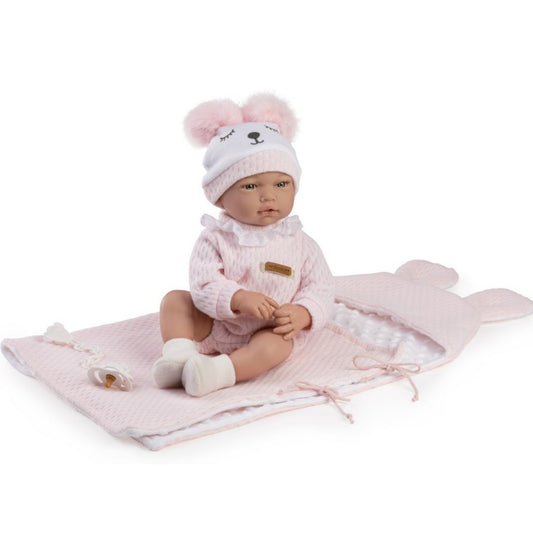 Красиви Кукли Boutique Andrea, розов вълнен гащеризон, бяло-розова шапка и аксесоари, 38 см