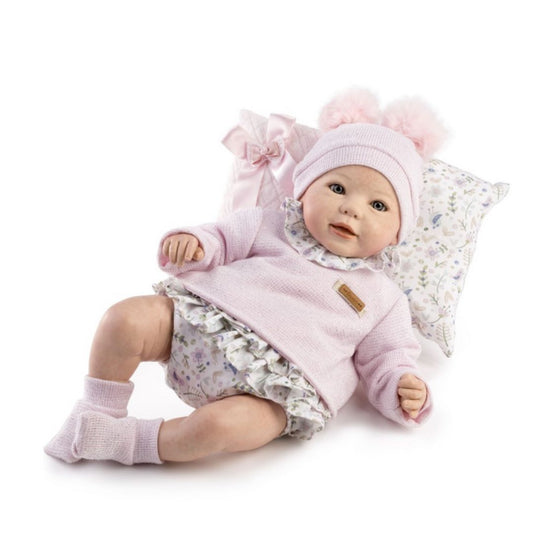 Голяма Кукла Reborn Elena, розов вълнен пуловер, гащички на цветя и аксесоар, 46 см