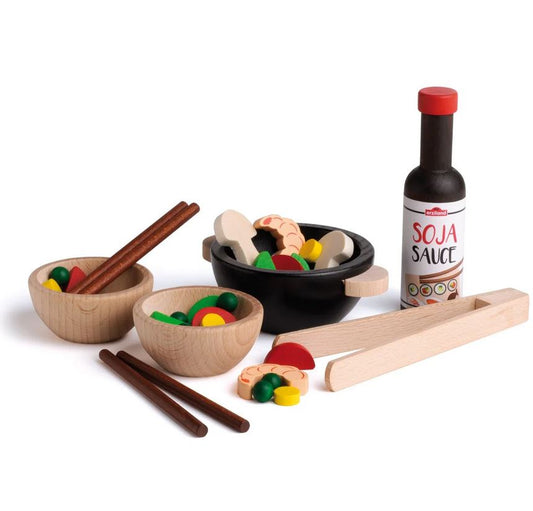 азиатски дървен комплект с хранителни продукти