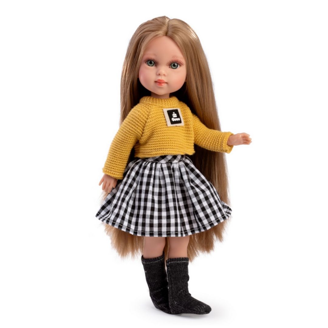 Кукла с дрехи за преобличане Penélope Atenas, руса коса, пуловер и пола, 34 см