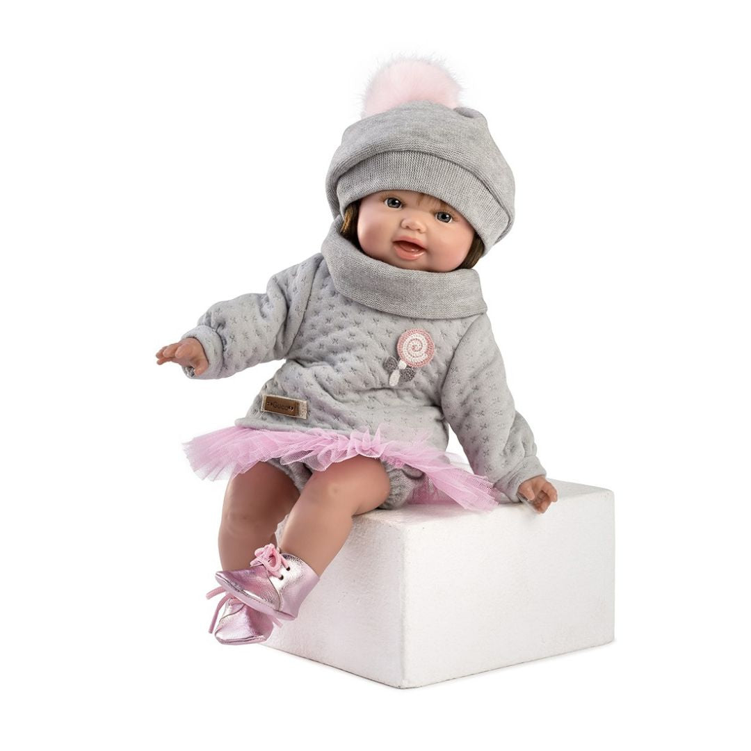 Красива Кукла От Винилова Гума Nuria Брюнетка, Сива Рокля С Розов Тюл, 36 см