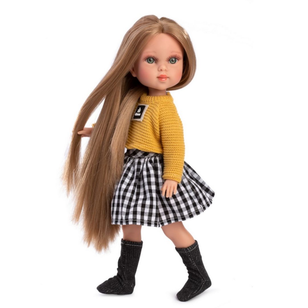 Кукла с дрехи за преобличане Penélope Atenas, руса коса, пуловер и пола, 34 см