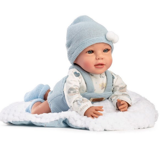 Класическа кукла Jairo, сини вълнени дрешки, тениска, чорапи и одеяло, 38 см