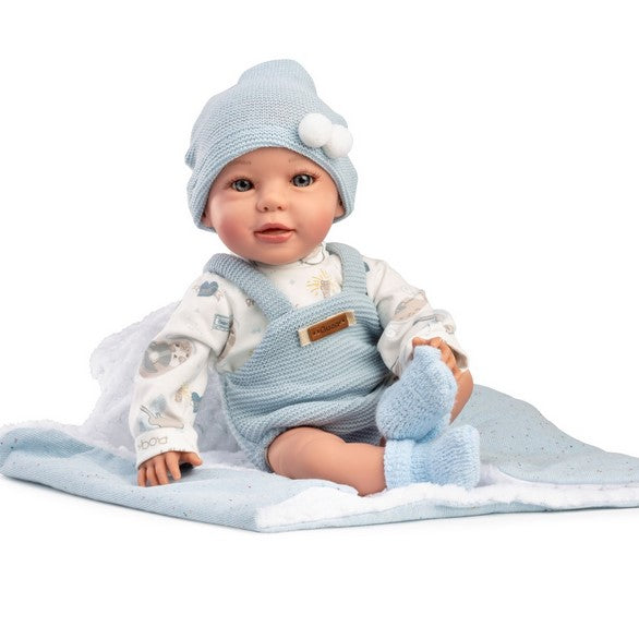 Класическа кукла Jairo, сини вълнени дрешки, тениска, чорапи и одеяло, 38 см