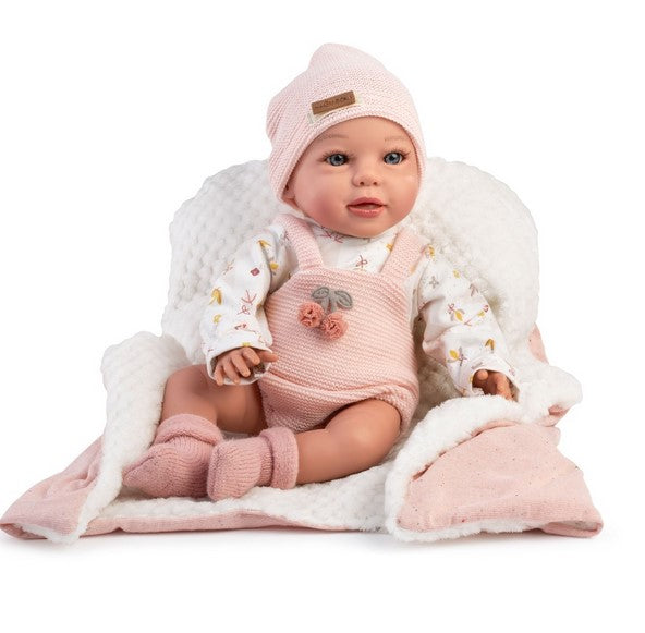 Класическа кукла Sandra, розова вълнена дрешка, тениска, чорапи и одеяло, 38см