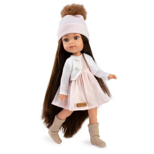 Кукла с дрехи за преобличане Penélope Moscú, тъмна коса, рокля и сако, 34см