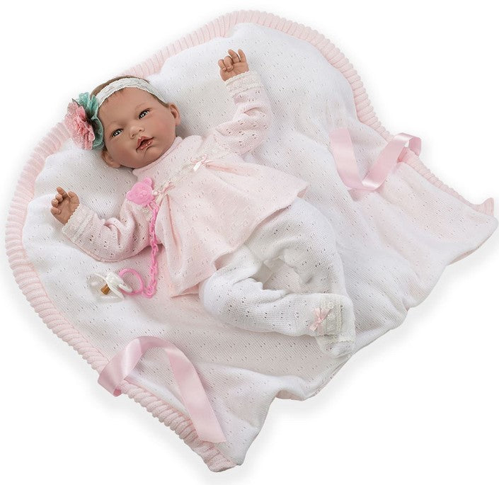 Голяма Кукла Reborn Ainoa, кестенява коса, розов пуловер и панталони, 46 см
