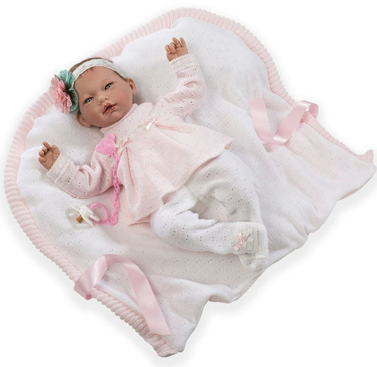 Голяма Кукла Reborn Ainoa, кестенява коса, розов пуловер и панталони, 46 см