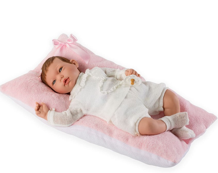 Голяма Кукла Reborn Alma, с бял комплект и розова възглавничка, 46 см