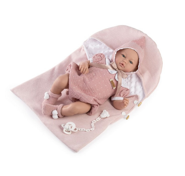 Голяма Кукла Reborn Cloe, розова дрешка, качулка, чорапи и одеяло, 46 см