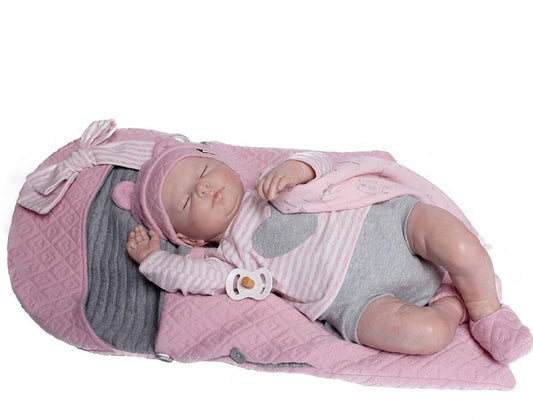 Голяма Кукла Reborn Emma, без коса, с розов комплект и плетено одеяло, 46 см