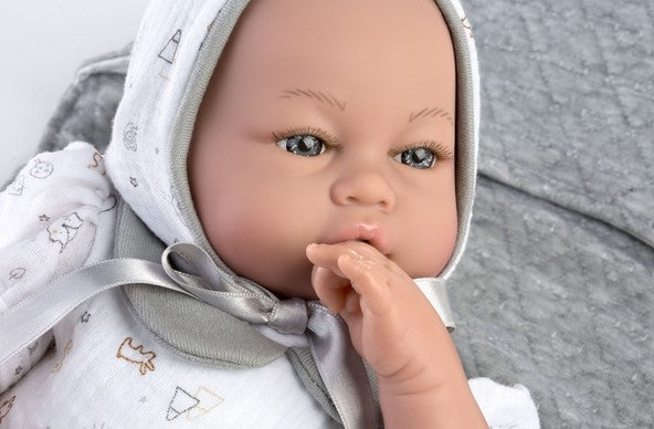 Голяма Кукла Reborn Eric, без коса, сива якичка и качулка, 46 см