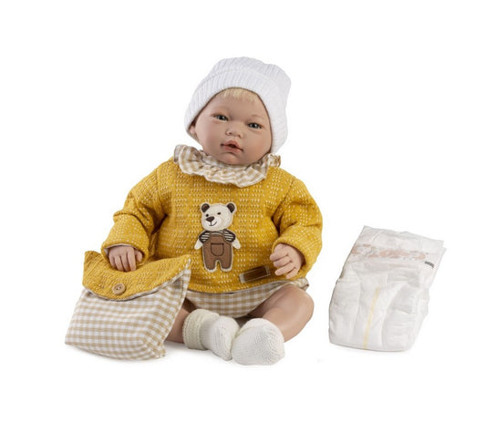 Голяма Кукла Reborn Guille, с руса коса, жълта блузка и аксесоари, 46 см