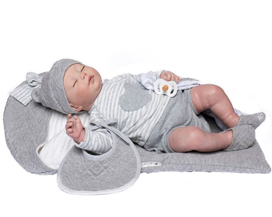 Голяма Кукла Reborn Henar, със сиво-бял комплект и плетено одеяло, 46 см