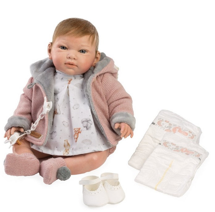 Голяма Кукла Reborn Marina, с естествена коса, с рокличка и плетено яке, 42 см
