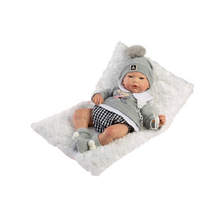 Голяма Кукла От Винилова Гума Reborn Alex, сив пуловер, поло риза и шапка, 46 см