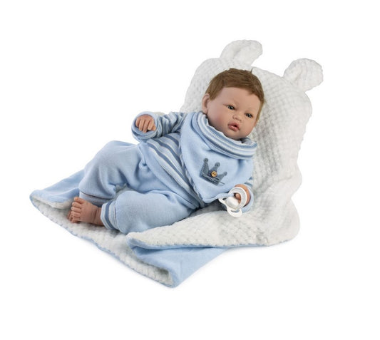 Голяма Кукла Reborn Iñaki, с коса, син комплект и аксесоари, 46 см