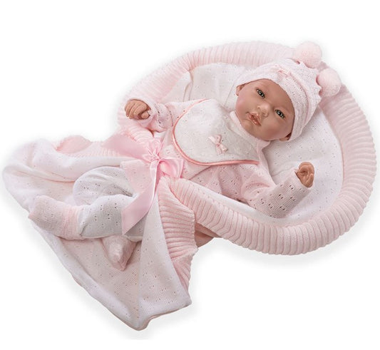 Голяма Кукла Reborn Julia, без коса, с бял комплект и плетено одеяло, 46 см