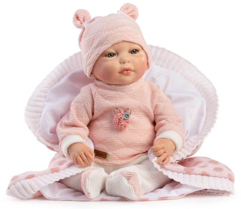 Красиви Кукли Reborn Lea, розова блузка с дълги ръкави, бели панталонки и шапка с помпончета, 38 см