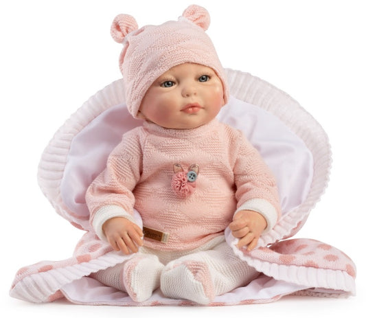Красиви Кукли Reborn Lea, розова блузка с дълги ръкави, бели панталонки и шапка с помпончета, 38 см