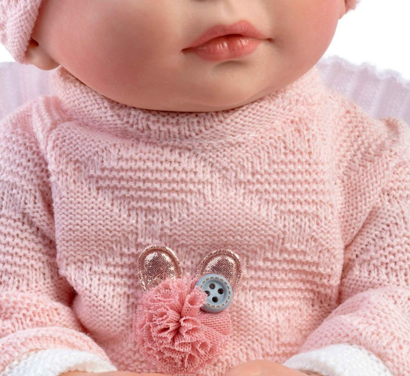 Красиви Кукли Reborn Lea, розова блузка с дълги ръкави, бели панталонки и шапка с помпончета, 38 см