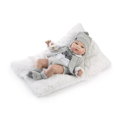 Голяма Кукла Reborn Manu, с бяла риза и сиви дрешки, 42 см