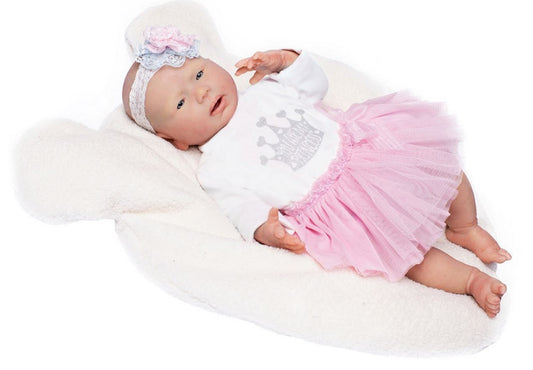 Силиконова Кукла Mar, реалистично бебе без коса, тениска, розова пола и аксесоари, 46 см