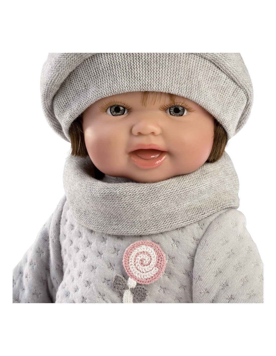 Красива Кукла От Винилова Гума Nuria Брюнетка, Сива Рокля С Розов Тюл, 36 см