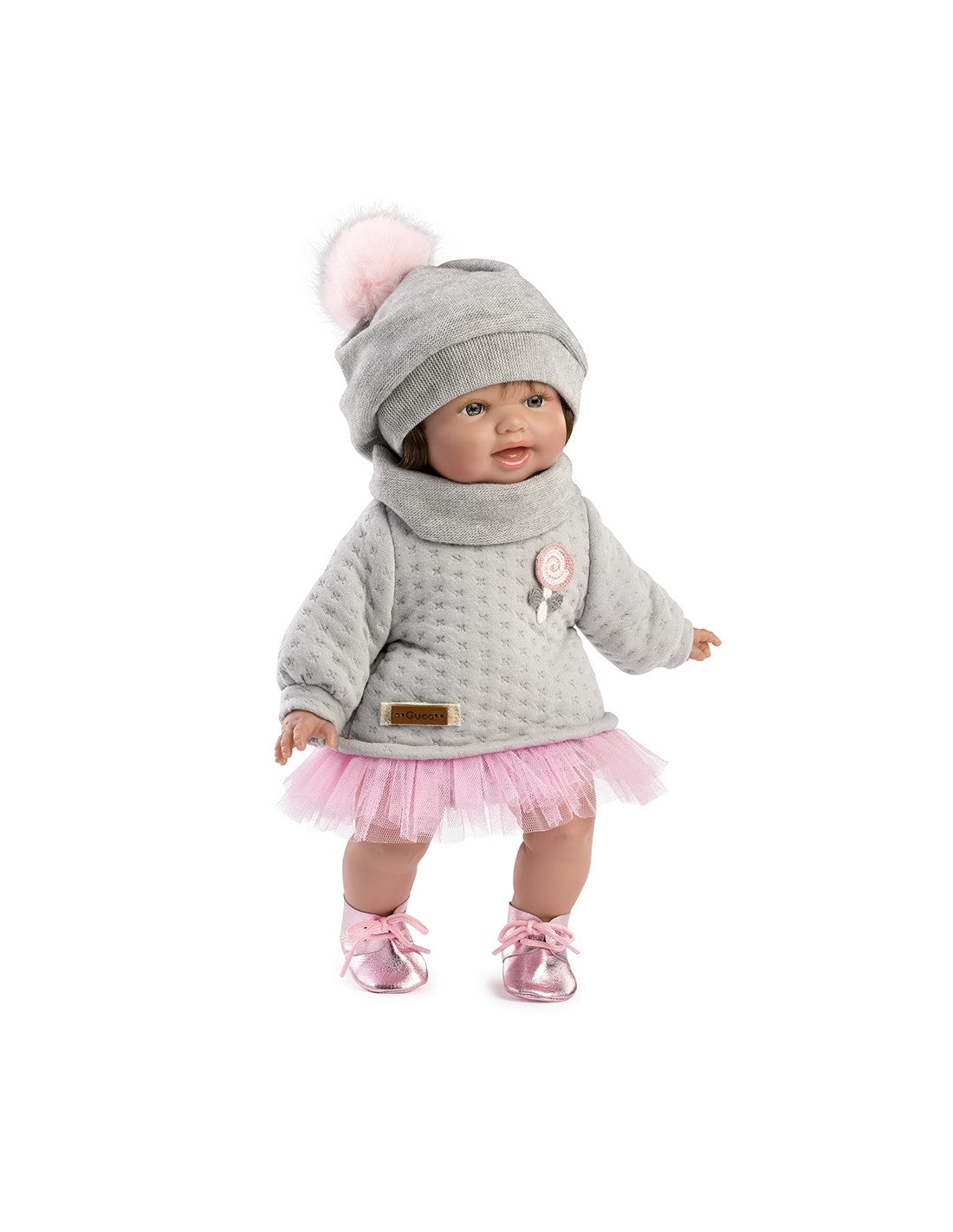 Красива Кукла От Винилова Гума Nuria Брюнетка, Сива Рокля С Розов Тюл, 36 см