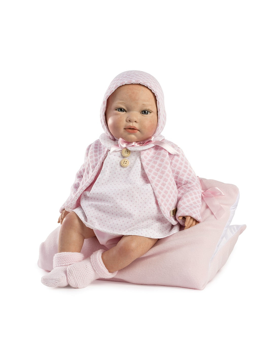 Голяма Кукла От Винилова Гума Reborn Bianca, с розова рокля и сако, 42 см