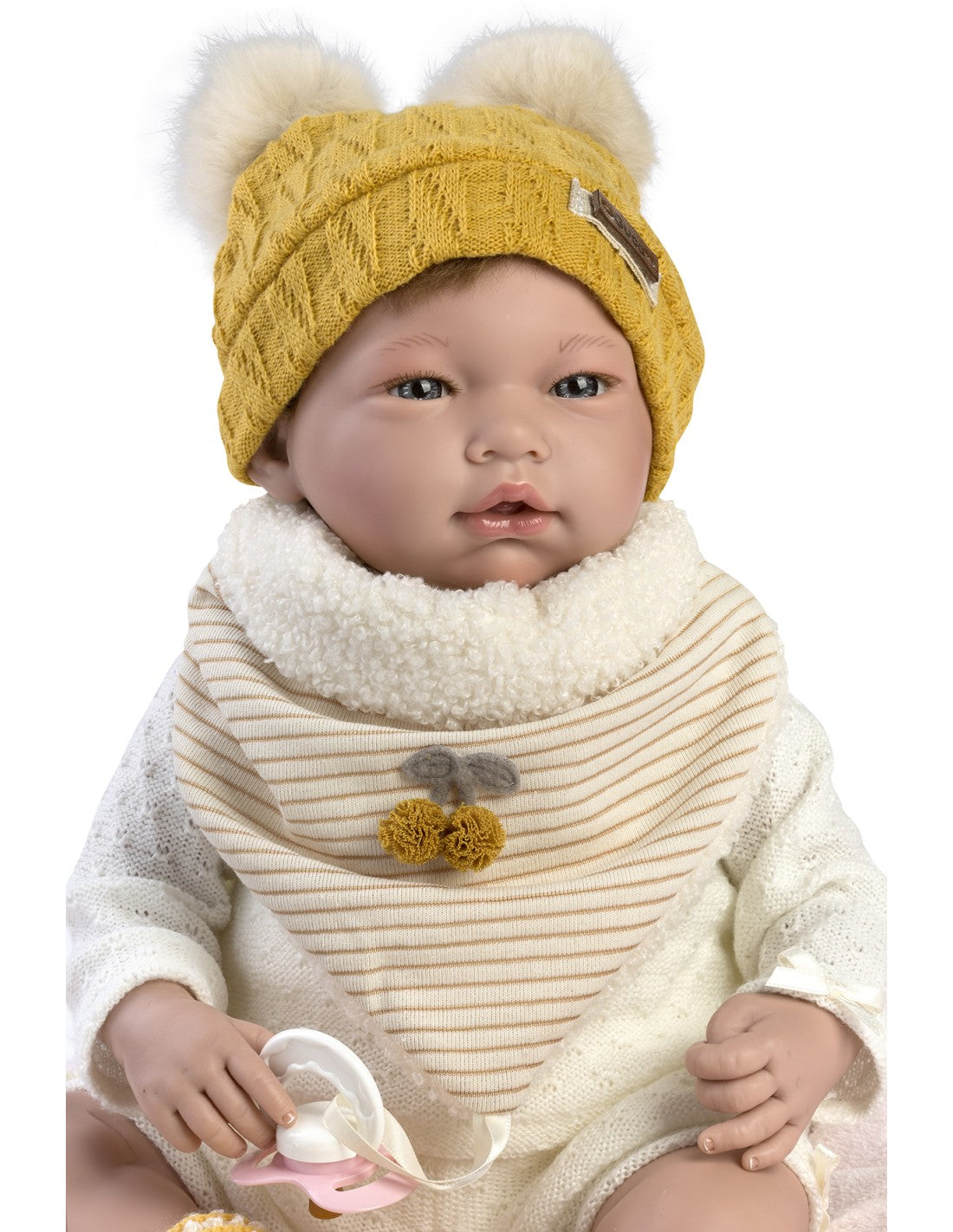 Голяма Кукла Reborn Mia, брюнетка коса, бежов тоалет и аксесоар, 46 см