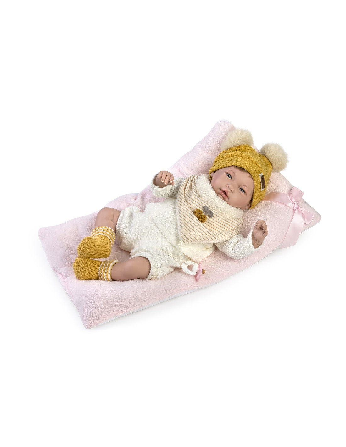 Голяма Кукла Reborn Mia, брюнетка коса, бежов тоалет и аксесоар, 46 см