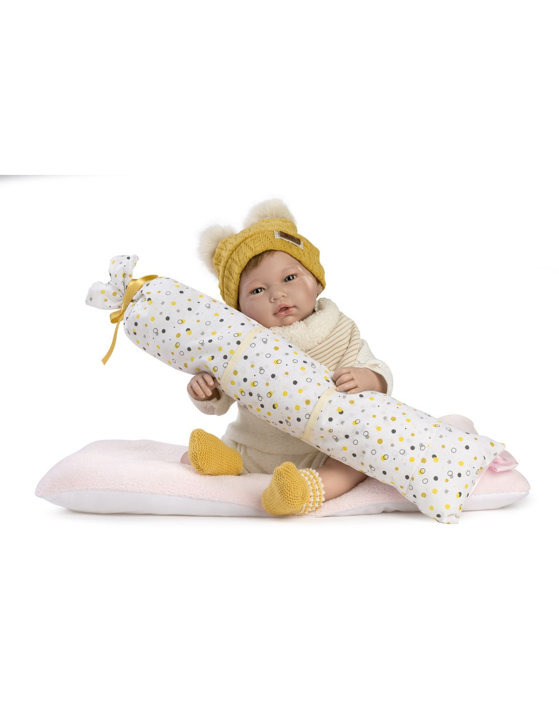 Голяма Кукла Reborn Mia, брюнетка коса, бежов тоалет и аксесоар, 46 см