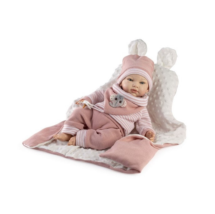 Голяма Кукла Reborn Valeria, с пуловер, лигавник и розово одеяло, 46 см